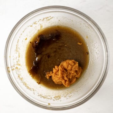 Wet ingredients combined with pumpkin and vanilla.