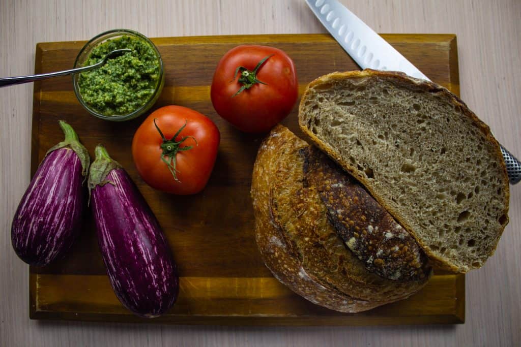 Eggplant and tomato Grilled cheese with pesto ingredients