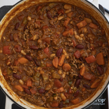 Chili simmering in the dutch oven.