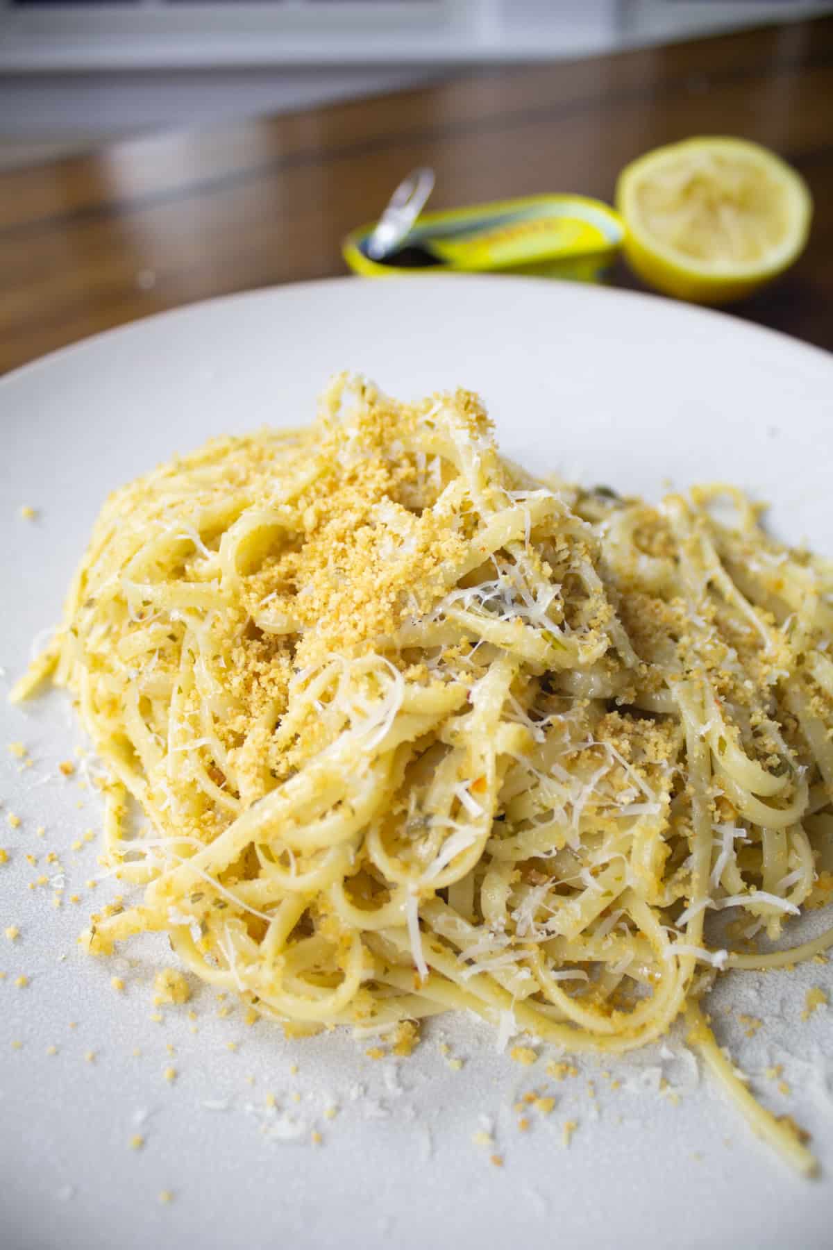 Close up of lemon garlic anchovy linguine with toasted bread crumbs