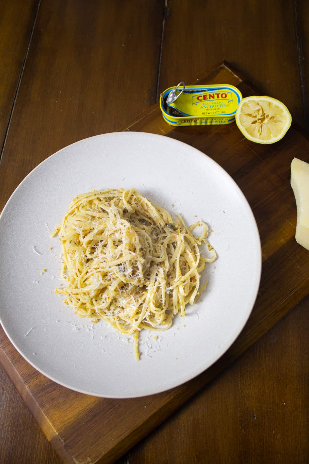 Lemon Garlic Anchovy Pasta plated to be served