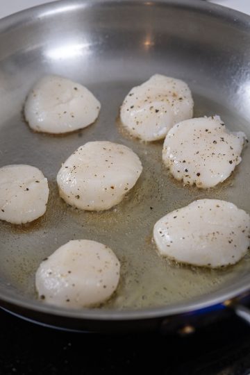 scallops placed in pan to sear