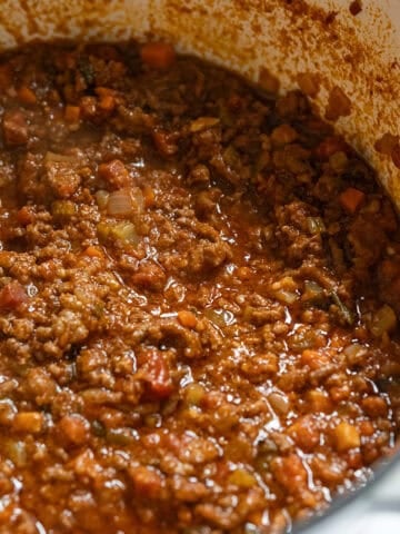 Pot of bolognese meat sauce.