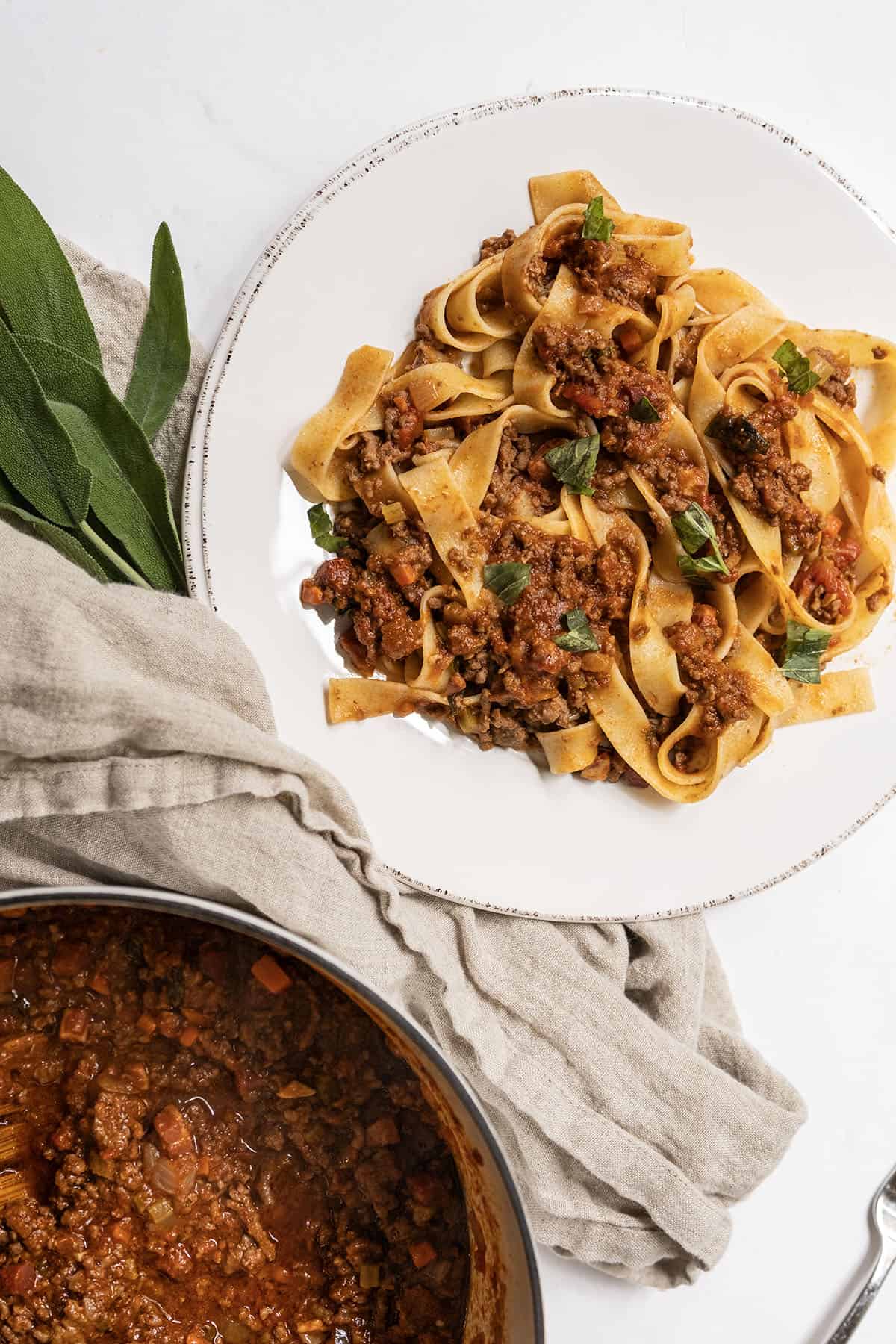 Bolognese served over pappardelle on a plate next to the pot of sauce.