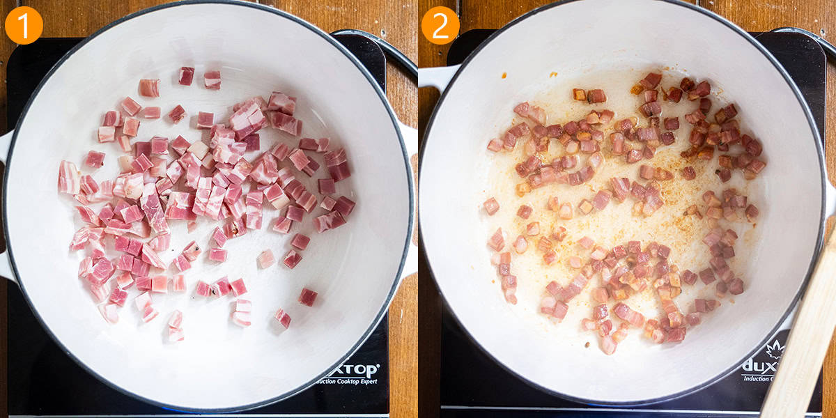 Step 1 and 2 of frying pancetta in a cold pan to a golden brown color.