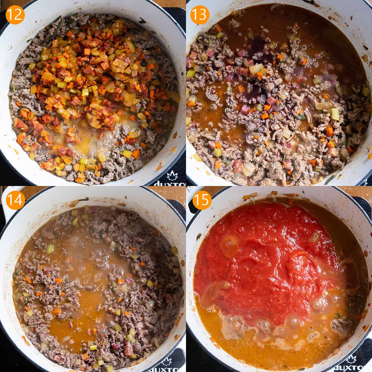 Combining the meat, vegetables, wine, milk, and tomato sauce in 4steps.