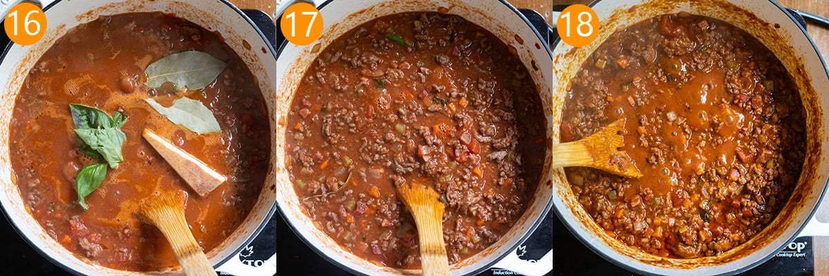 Simmering bolognese in a pot.