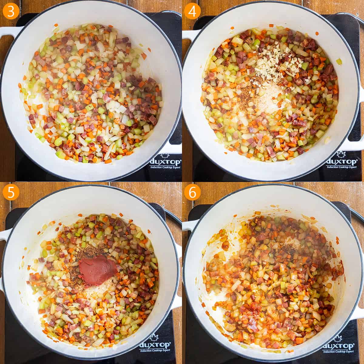 4 steps o sauteing the carrots, celery, and onion with garlic and tomato paste.