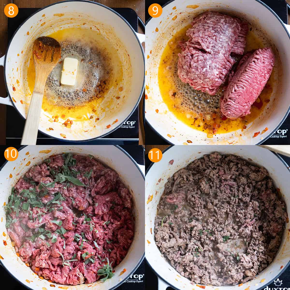 4 steps browning the meat in butter.