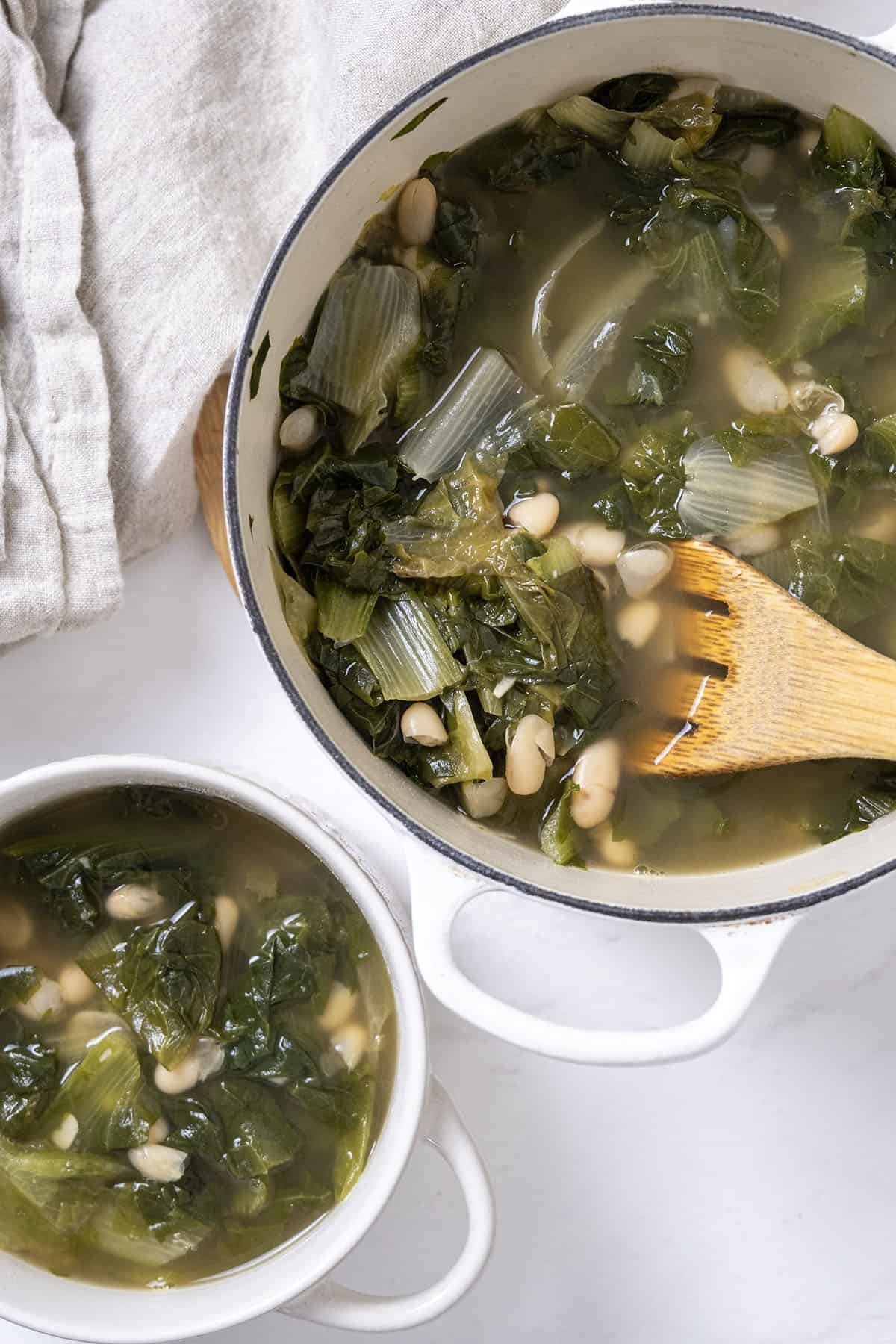 A dutch oven filled with escarole and beans along with a bowl of the same.