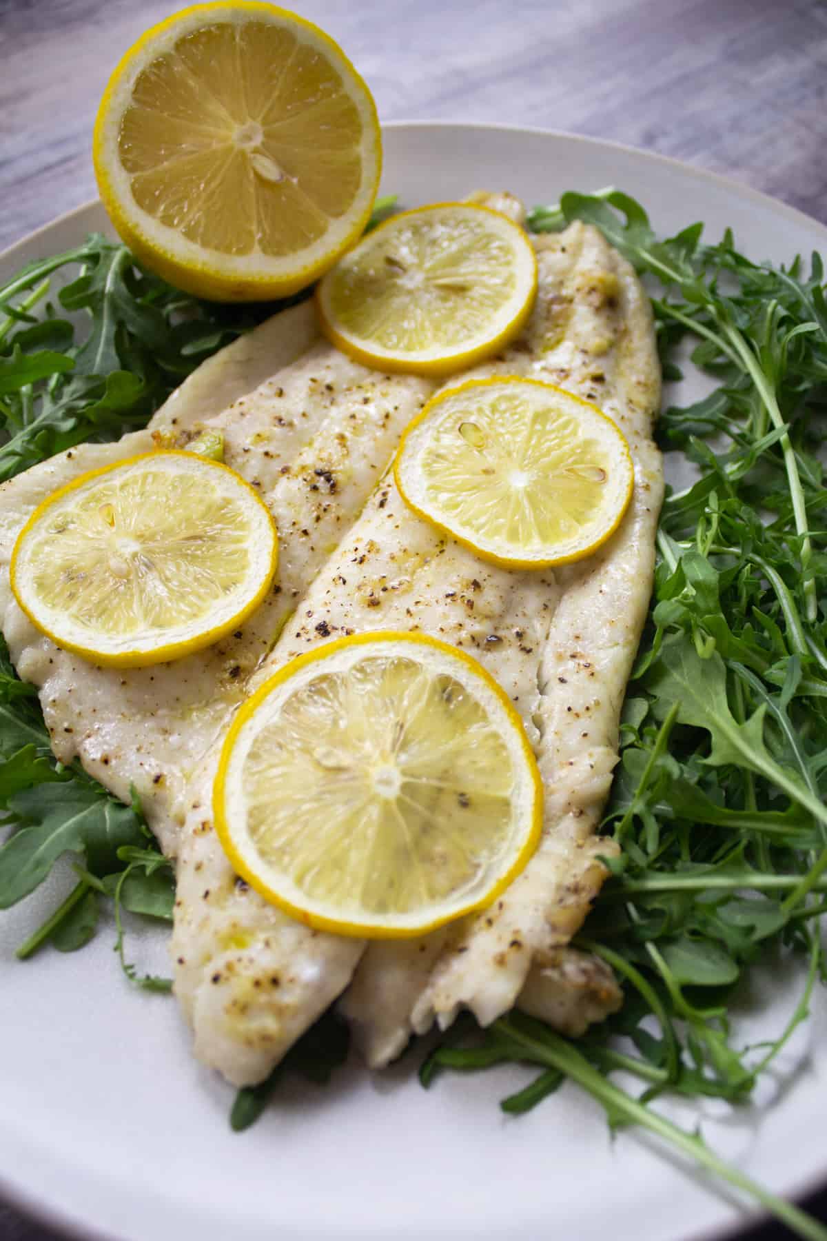 broiled flounder topped with lemon slices, over a bed of arugula, seasoned with salt and pepper.