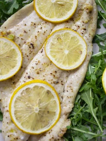 broiled lemon garlic flounder over arugula and topped with lemon slices