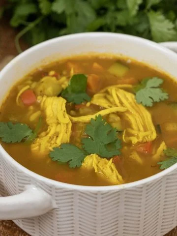 curry chicken and rice soup with a side of cilantro