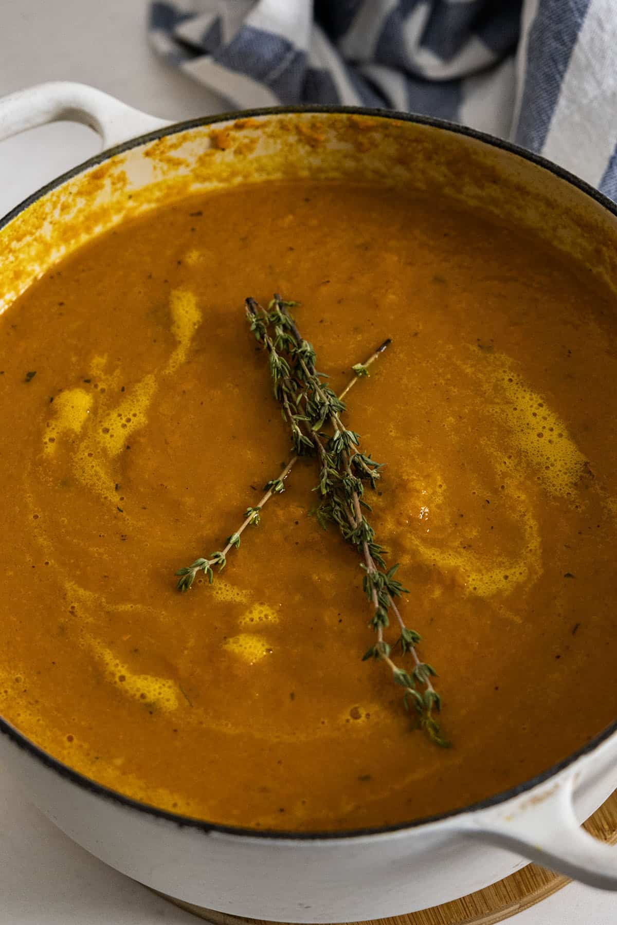 roasted carrot ginger soup topped with thyme