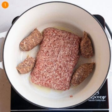 Browning sausage in a dutch oven.