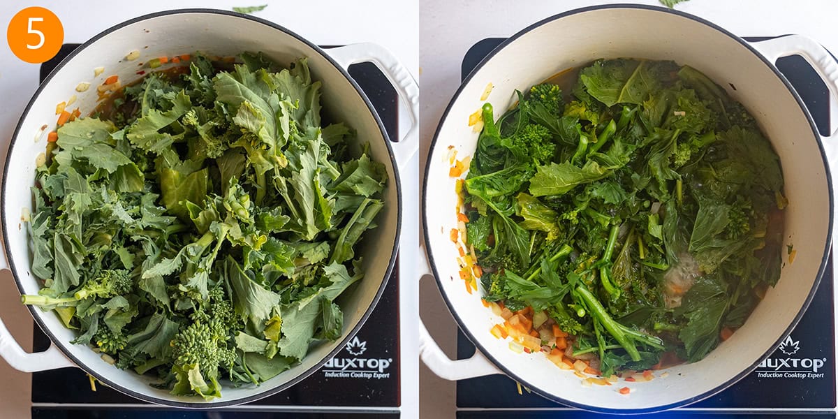 Wilting broccoli rabe in dutch oven with vegetables.