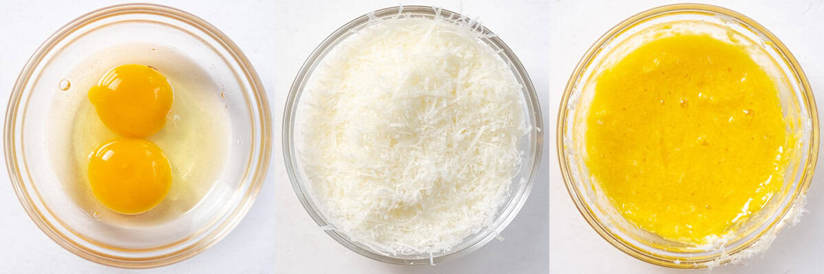 Combining the cheese and egg mixture in a bowl.