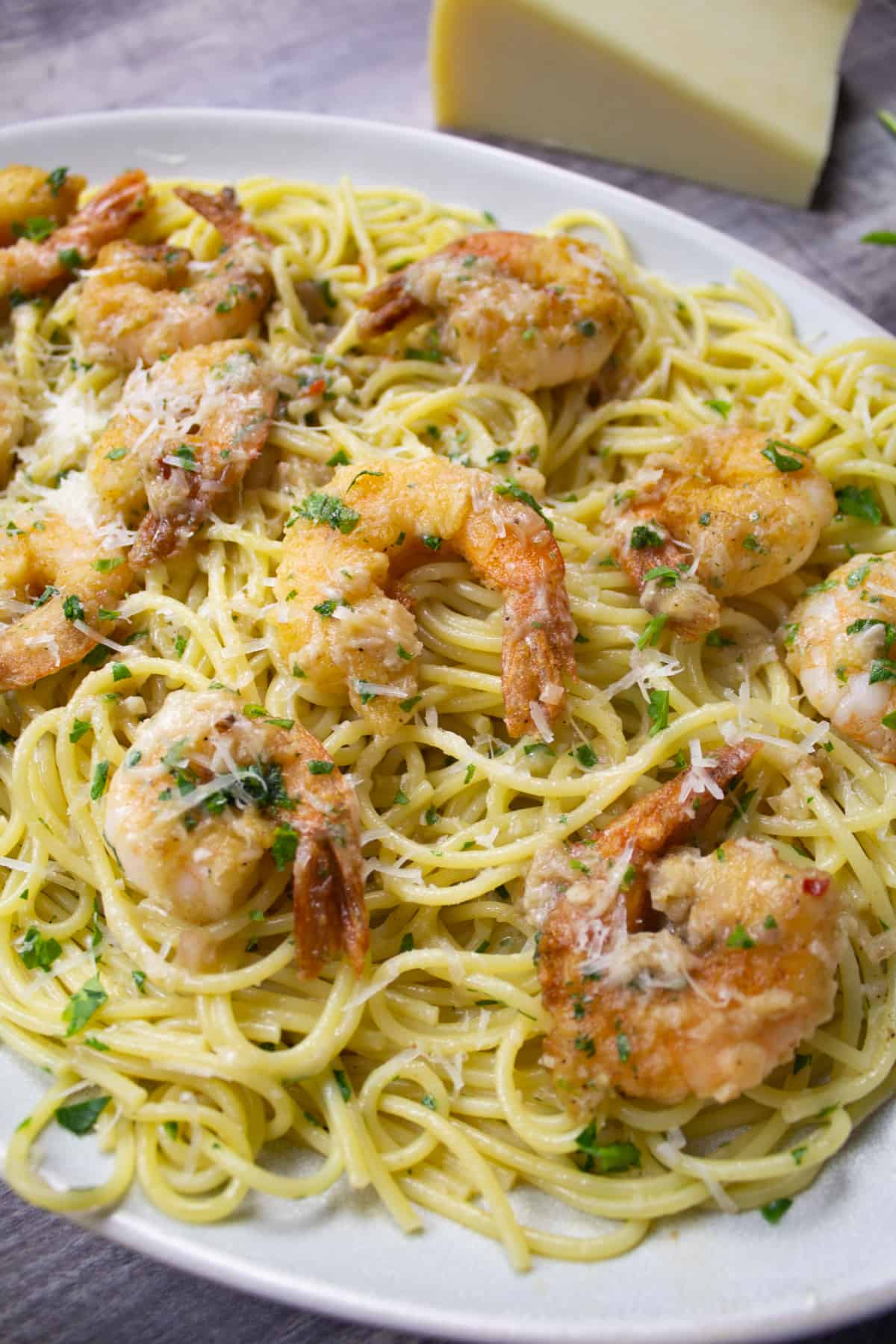 shrimp scampi topped with parmesan