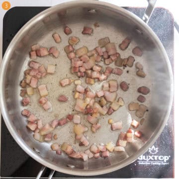 Frying pancetta in the saucepan.