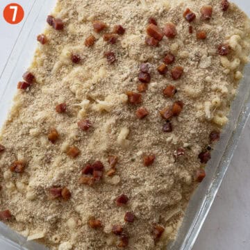 Topping creamy mac and cheese with breadcrumbs and pancetta.