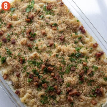 Baking mac and cheese until crispy.