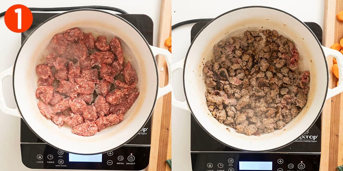 Searing sausage in the pot.