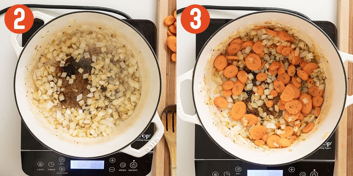 Sauteing carrots and onions in the pot.