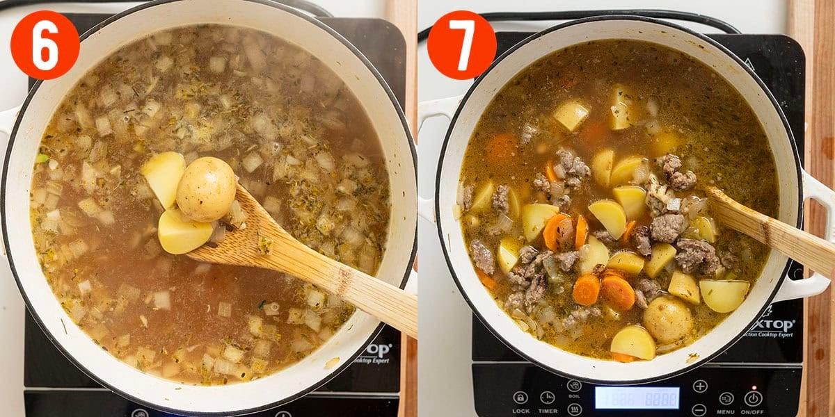 Simmering potatoes and sausage in the soup.
