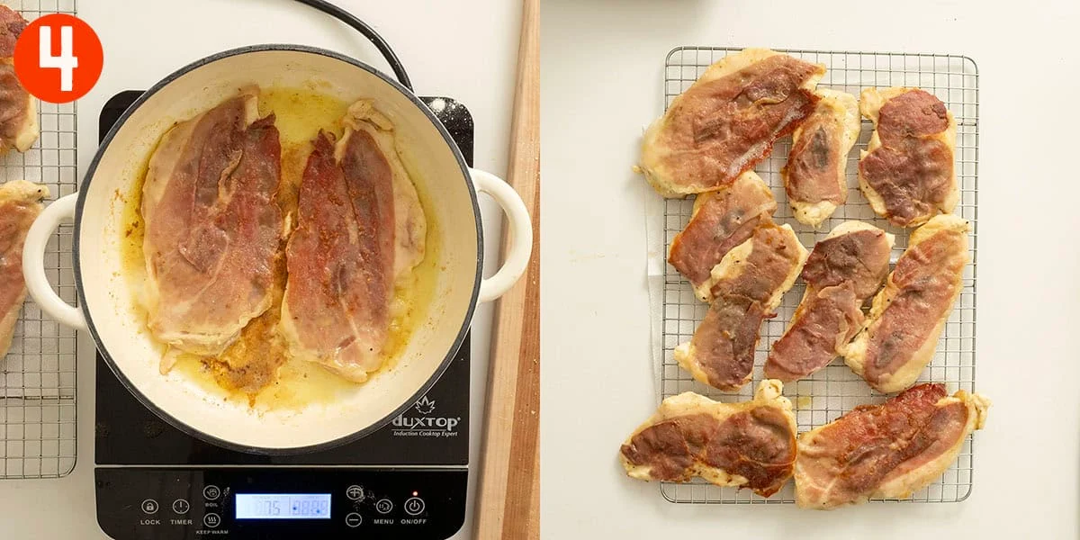 Frying chicken in olive oil and transferring to a cooling rack.