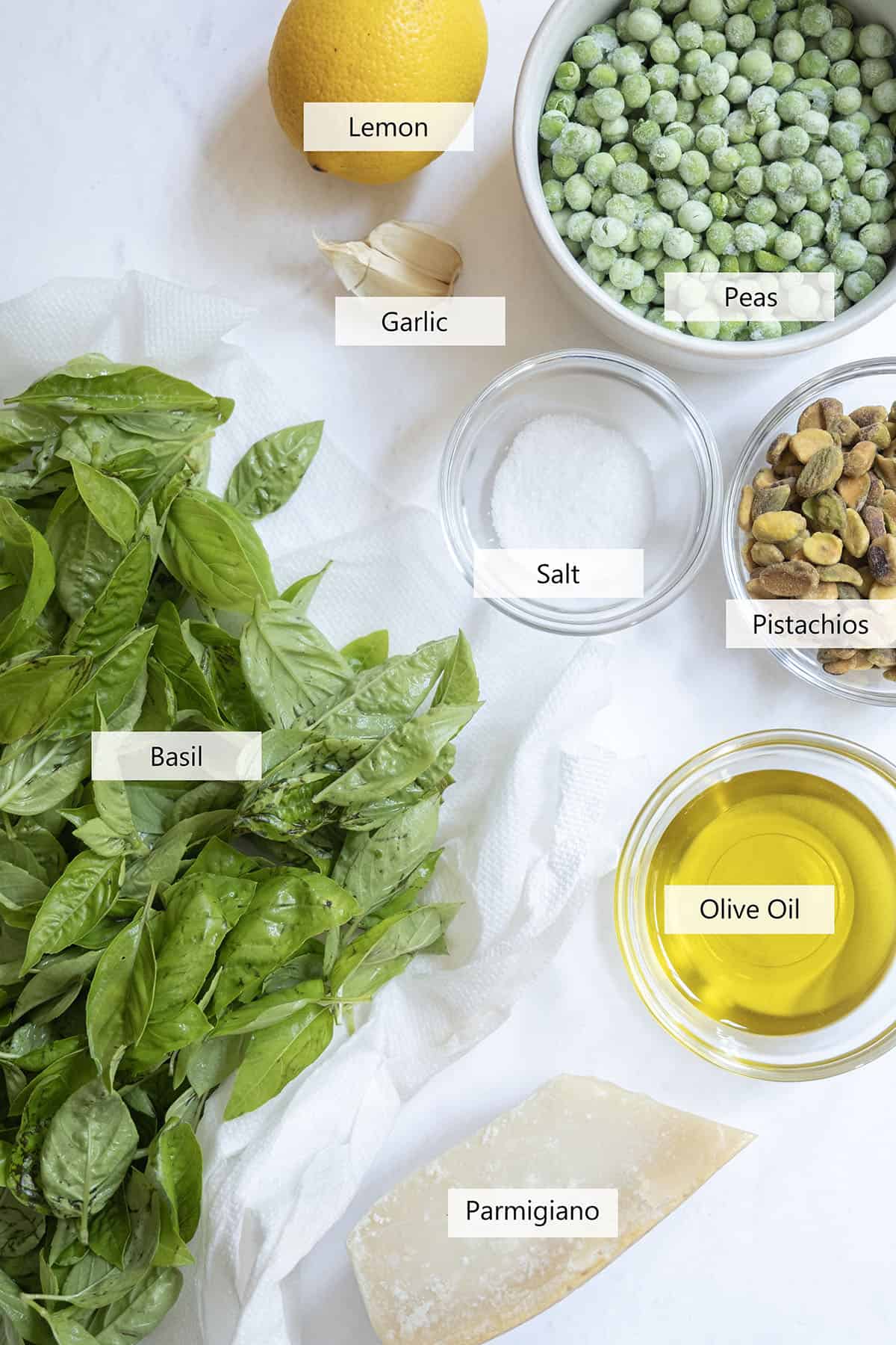 Ingredients for pea pesto.
