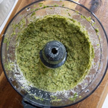 Pesto smoothed and processed in food processor.