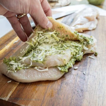 Chicken breast stuffed with pesto and mozzarella.