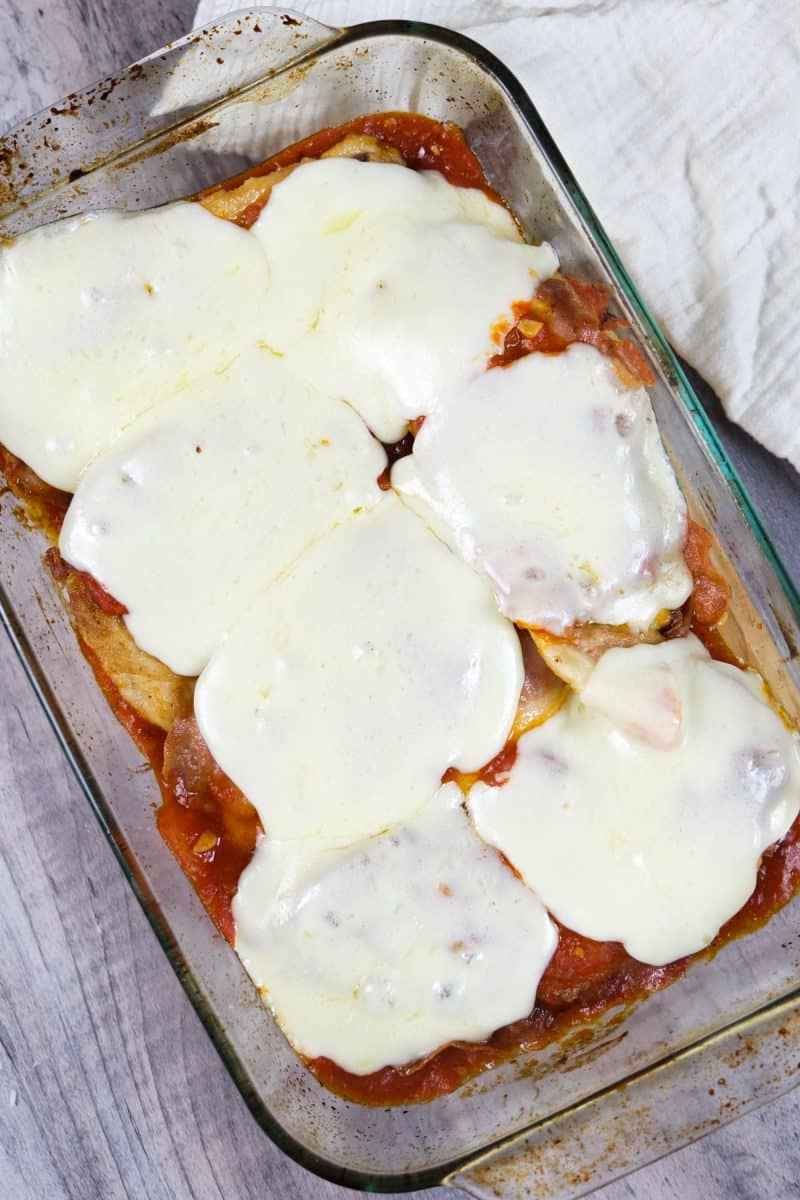 spicy chicken saltimbocca topped with mozzarella cheese