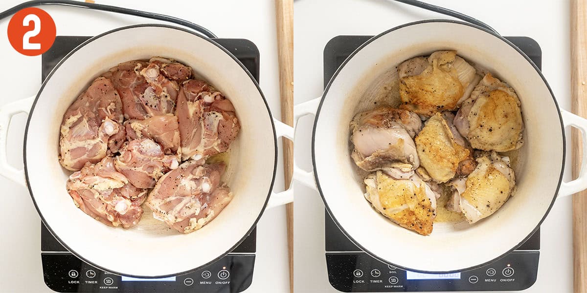 Searing chicken thighs in a dutch oven.