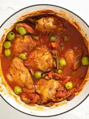 Chicken cacciatore in a dutch oven.