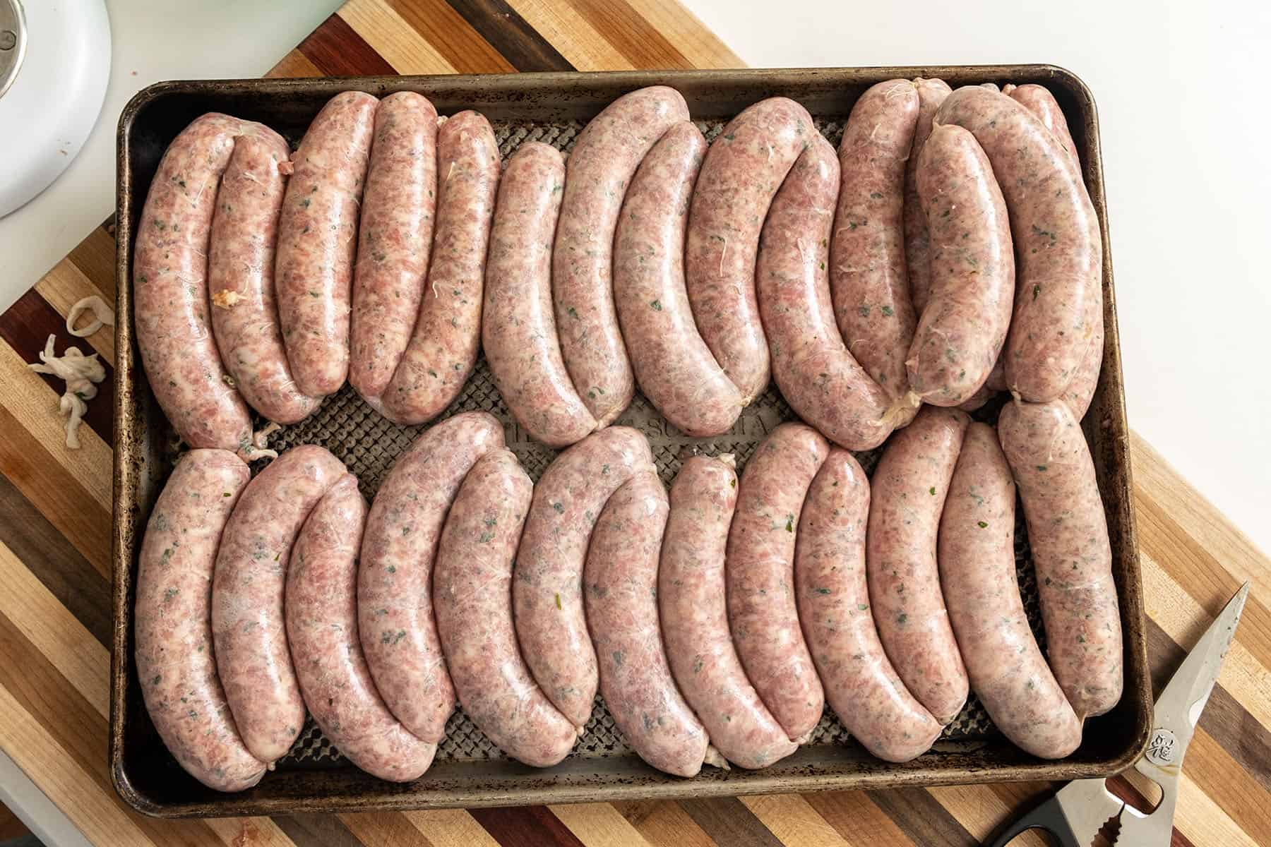 Sausage on a tray.