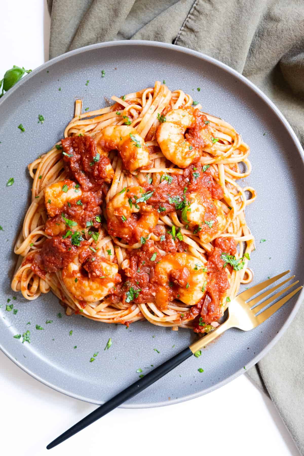 Shrimp fra diavolo sauce with linguine.