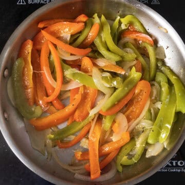 peppers and onions softened in the frying pan after frying for 20 minutes.