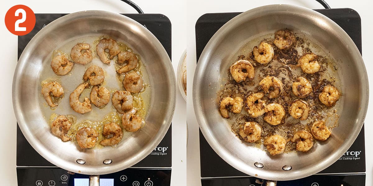 Searing shrimp in a saucepan.