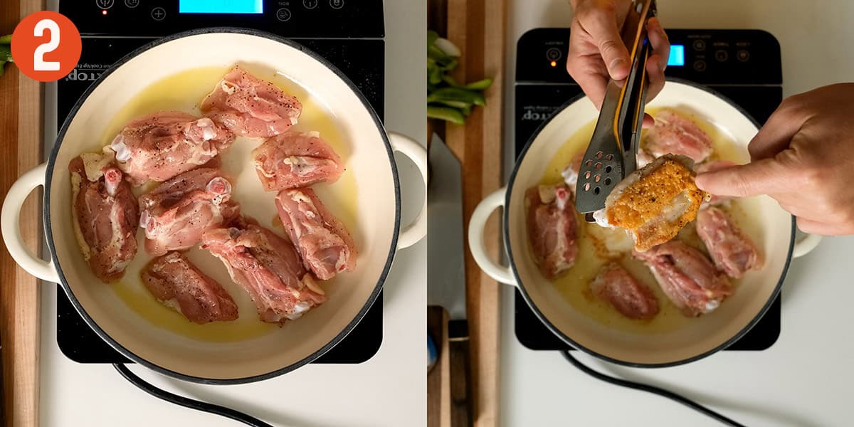 Searing split chicken thighs.