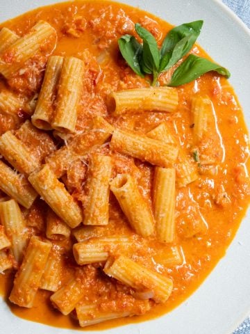 creamy red pepper sauce over rigatoni