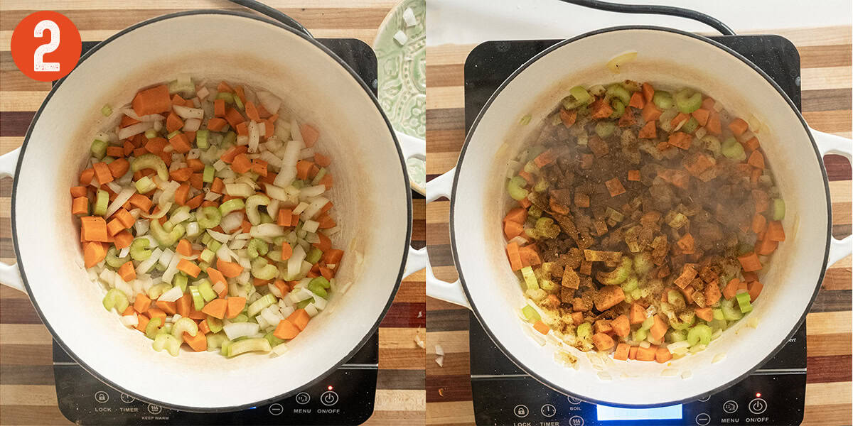 Sauteing vegetables in dutch oven and seasoning.