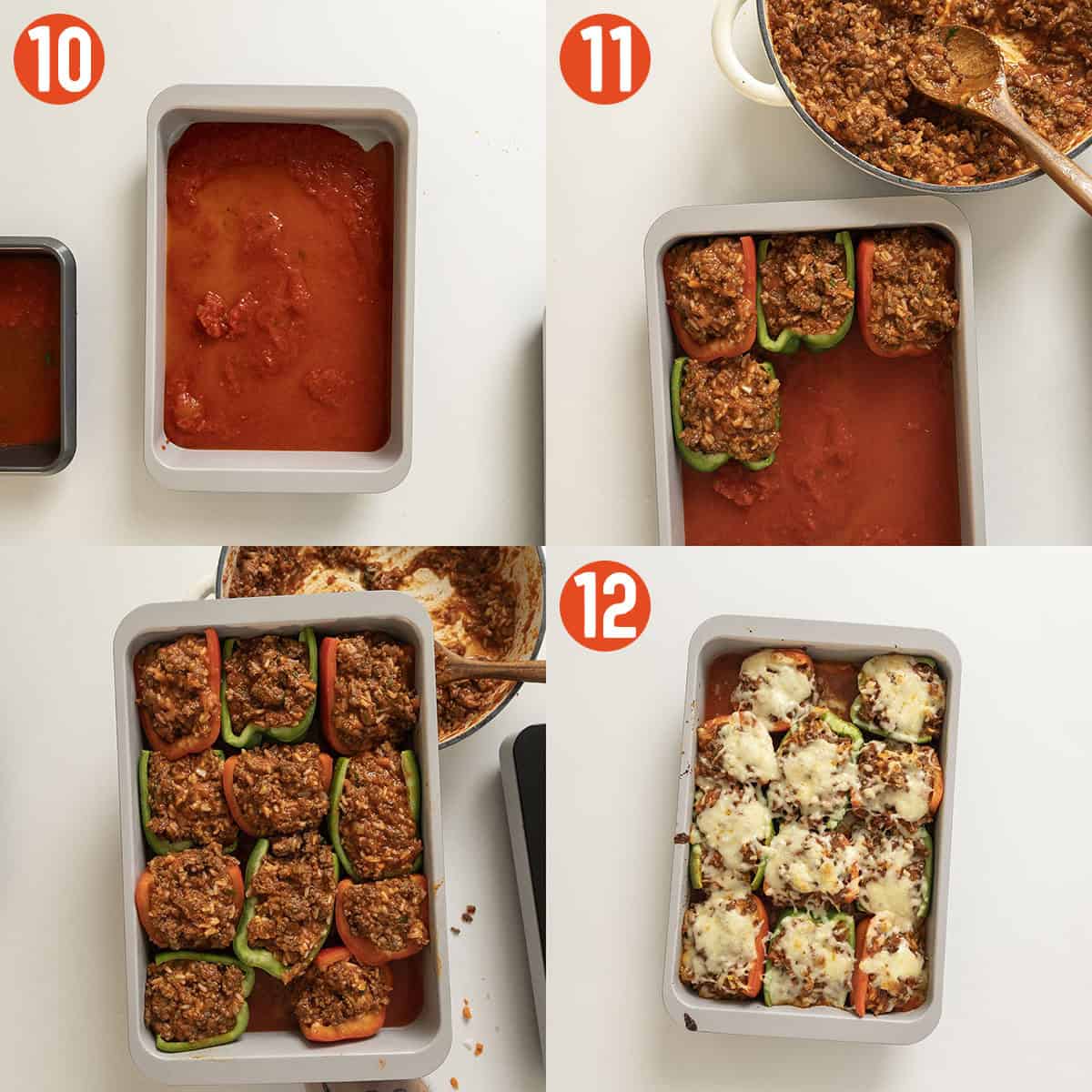 Stuffing peppers and placing them in a baking tray.