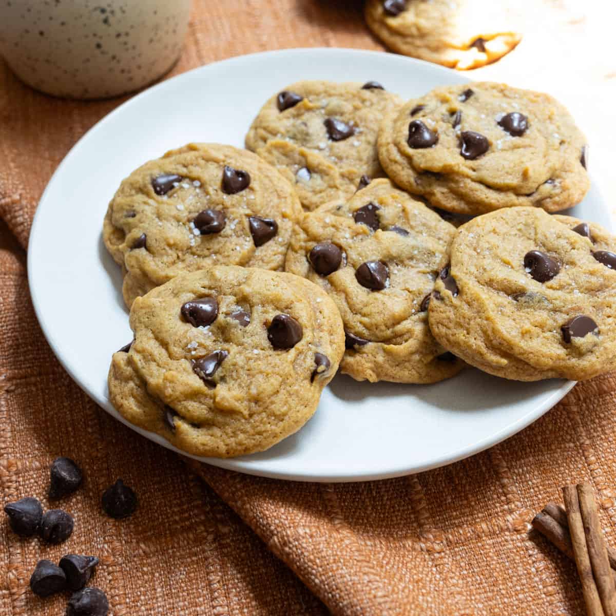 plate of pumpkin chocolate chip cookies