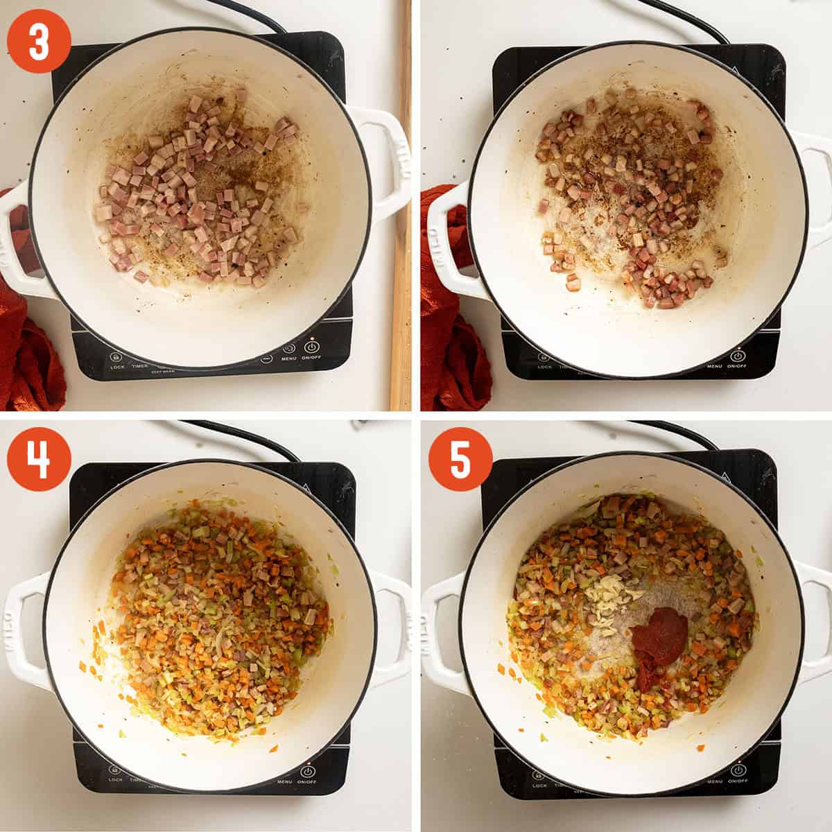 Frying pancetta and sauteing carrots, onions, and celery in a dutch oven.
