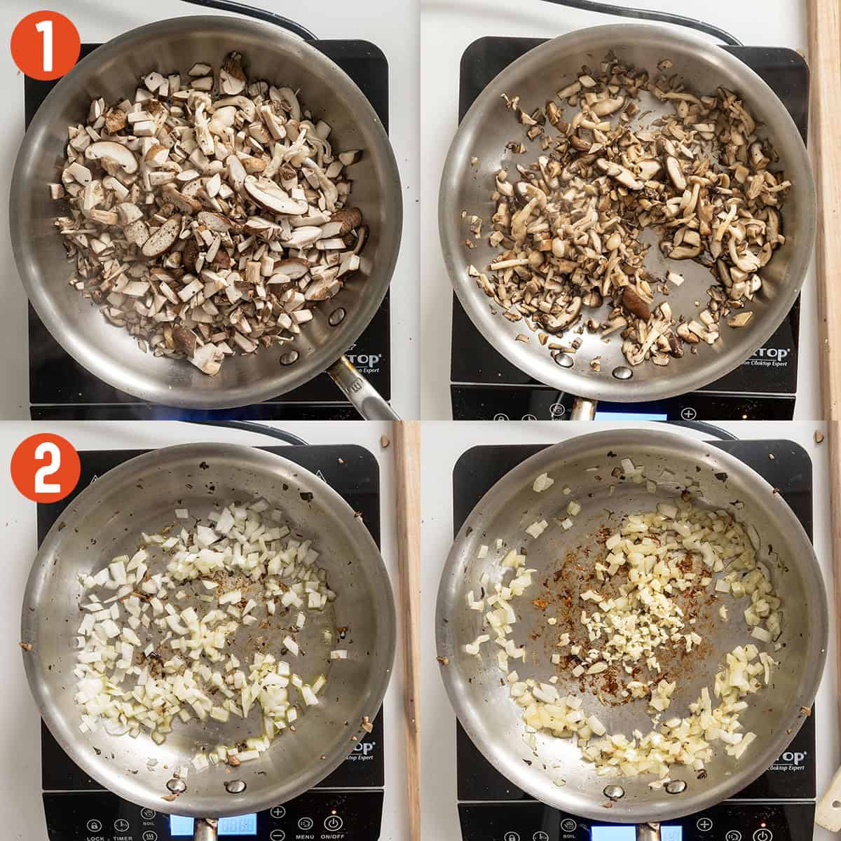 Sauteing mushrooms, onions, and garlic.