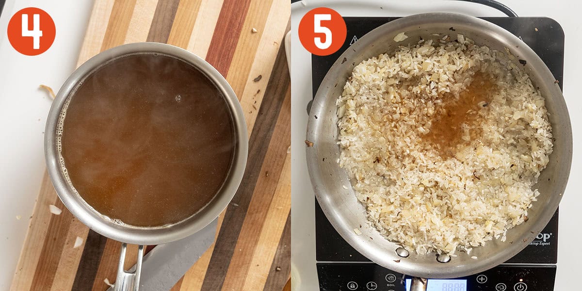 Heating chicken stock and adding to pan with risotto.