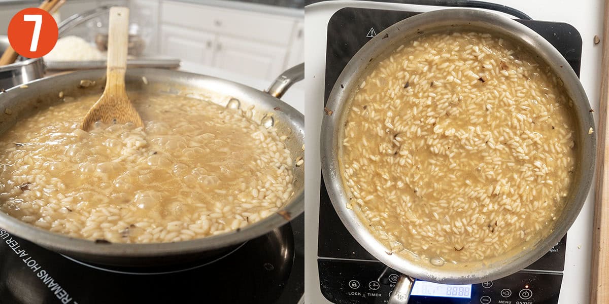 Thickening the stock in the risotto.
