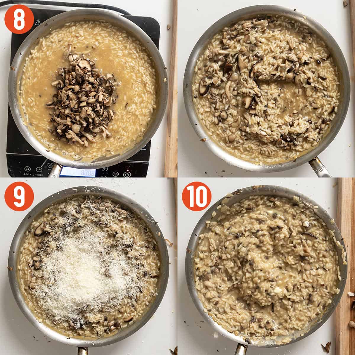 Adding mushrooms, truffle and parmesan to the risotto.