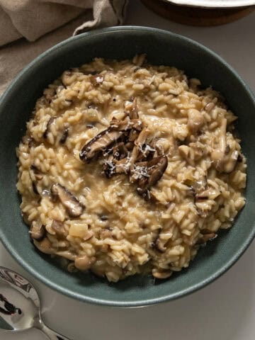 Mushroom truffle risotto in a bowl.